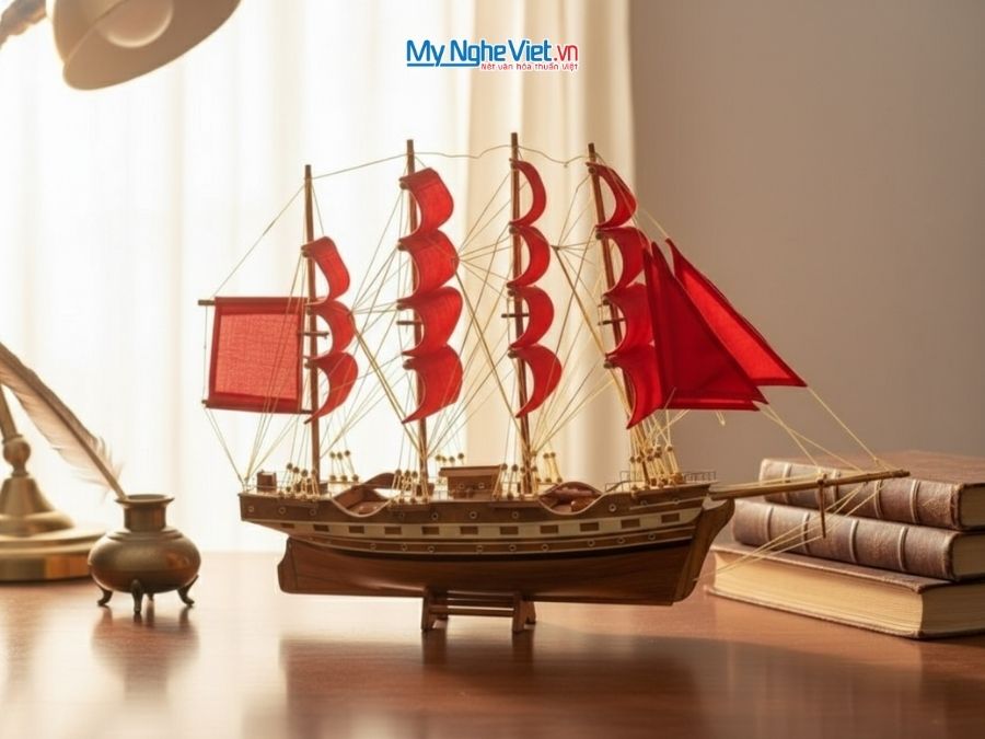 Mô hình thuyền buồm phong thủy France II 40cm buồm đỏ MNV-TB026-3 - Mô hình thuyền trang trí