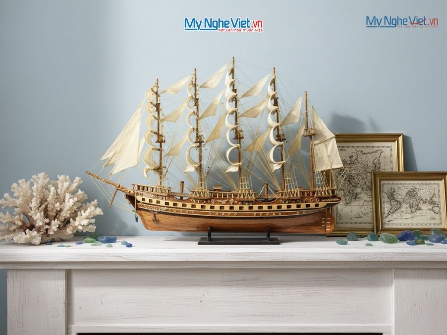 Mô hình thuyền buồm phong thủy France II gỗ đỏ 1.2m (cả mũi 1m5) MNV-TB18/12