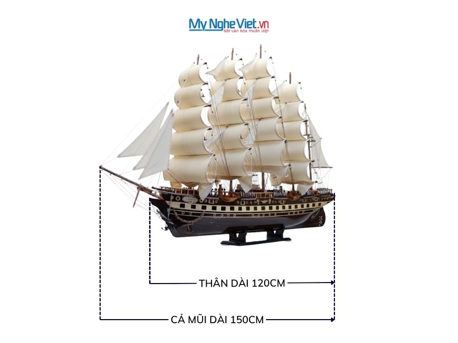 Mô hình thuyền buồm phong thủy France II gỗ đen 1.2m (cả mũi 1m5) MNV-TB18/121 - Mô hình tàu thuyền trang trí