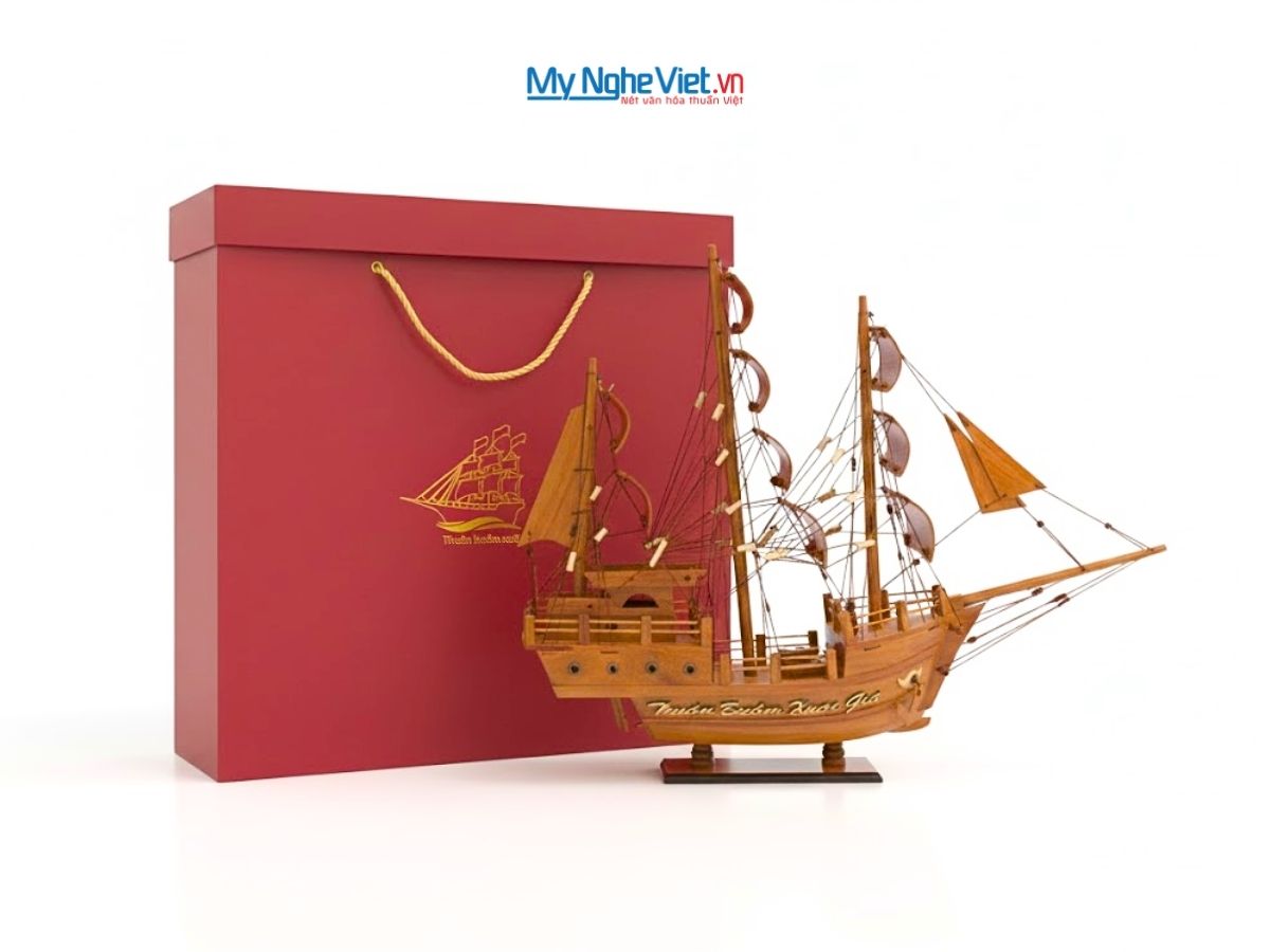 Combo Mô Hình Thuyền Gỗ Thái Lan Gỗ Hương Và Hộp Ép Kim Cao Cấp CBMNV-TB15/40H