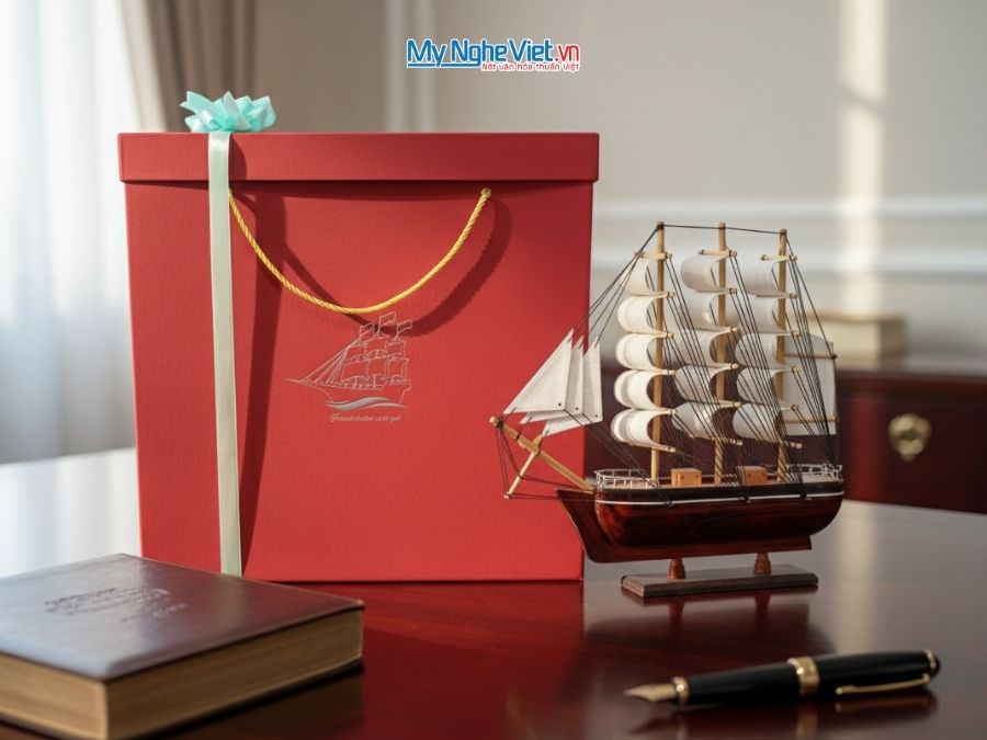 Mô hình thuyền buồm phong thủy France II gỗ cẩm lai (thân 28cm) và hộp ép kim cao cấp CBMNV-TB80