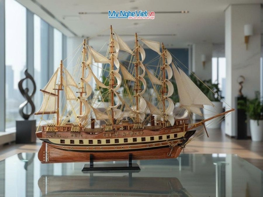 Mô hình thuyền buồm phong thủy France 2 gỗ tự nhiên (thân 1m) MNV-TB01