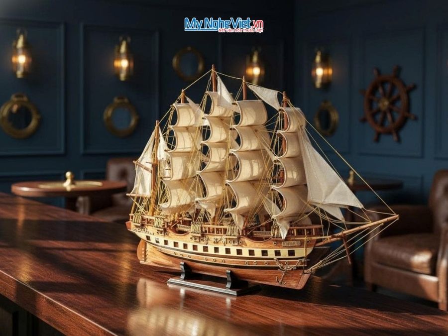 Mô hình thuyền buồm phong thủy France 2 gỗ tự nhiên (thân 1m) MNV-TB01