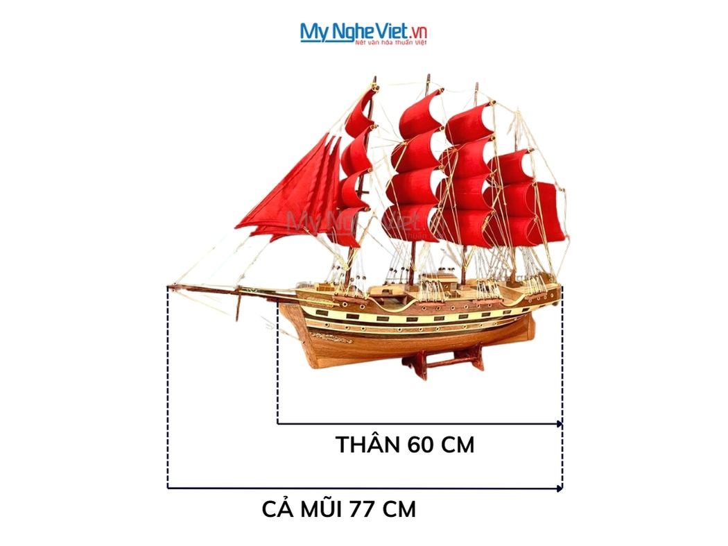 Mô hình thuyền buồm phong thủy France 2 thân 60cm buồm đỏ MNV-TB03-1