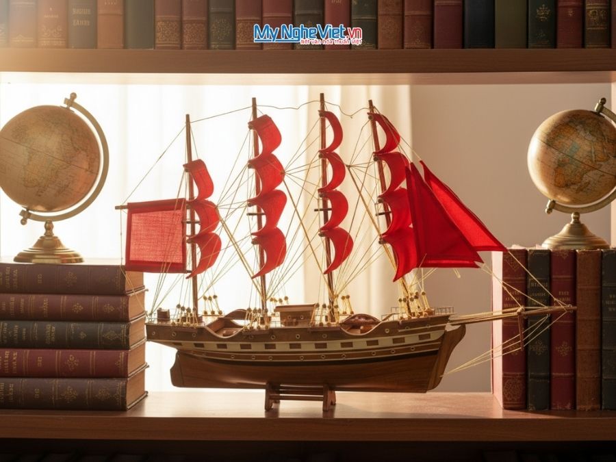 Mô hình thuyền buồm phong thủy France II 40cm buồm đỏ MNV-TB026-3 - Mô hình thuyền trang trí