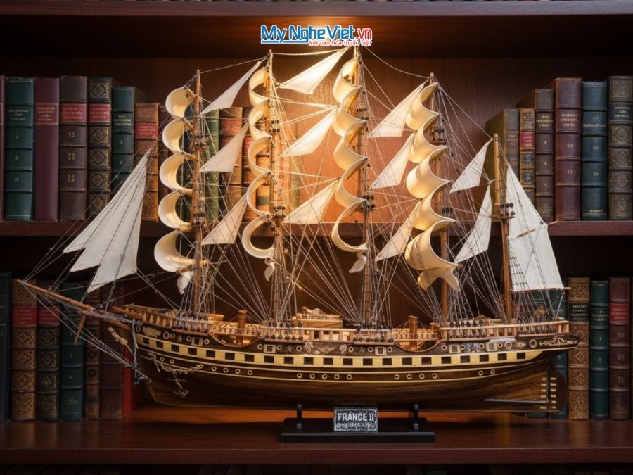 Mô hình thuyền buồm phong thủy France II gỗ đen (thân 1m) MNV-TB01/1