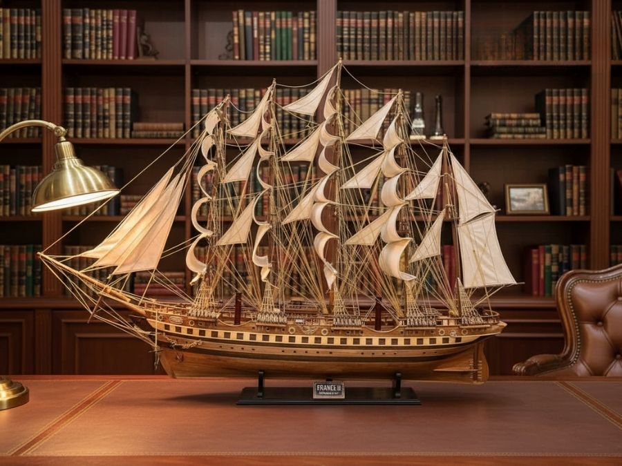 Mô hình thuyền buồm phong thủy France II gỗ tự nhiên (thân 80cm) MNV-TB02