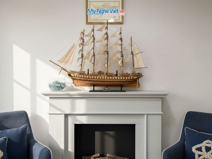 Mô hình thuyền buồm phong thủy France II gỗ tự nhiên (thân 80cm) MNV-TB02