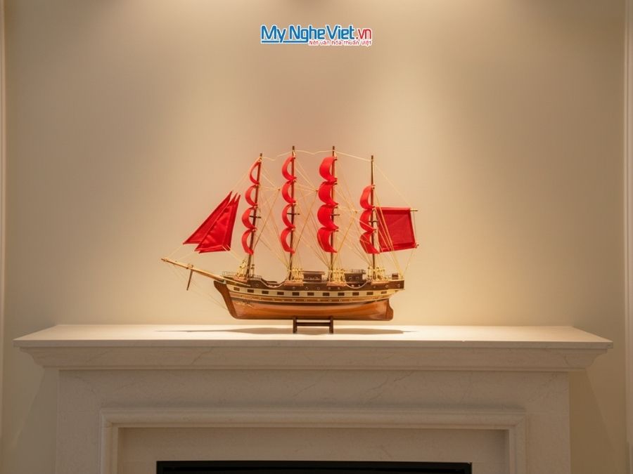 Mô hình thuyền buồm phong thủy France II 40cm  buồm đỏ MNV-TB026-3