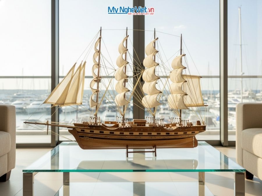 Mô hình thuyền buồm phong thủy France II gỗ tự nhiên (Thân 80cm) MNV-TB02-1